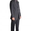 Never The Sinner suit tailored in a belted model with an off-centered vent. Full side view.