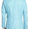 Mens turquoise linen jacket unlined and unstructured, full back view.
