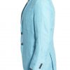 Mens turquoise linen jacket unlined and unstructured, full side view.