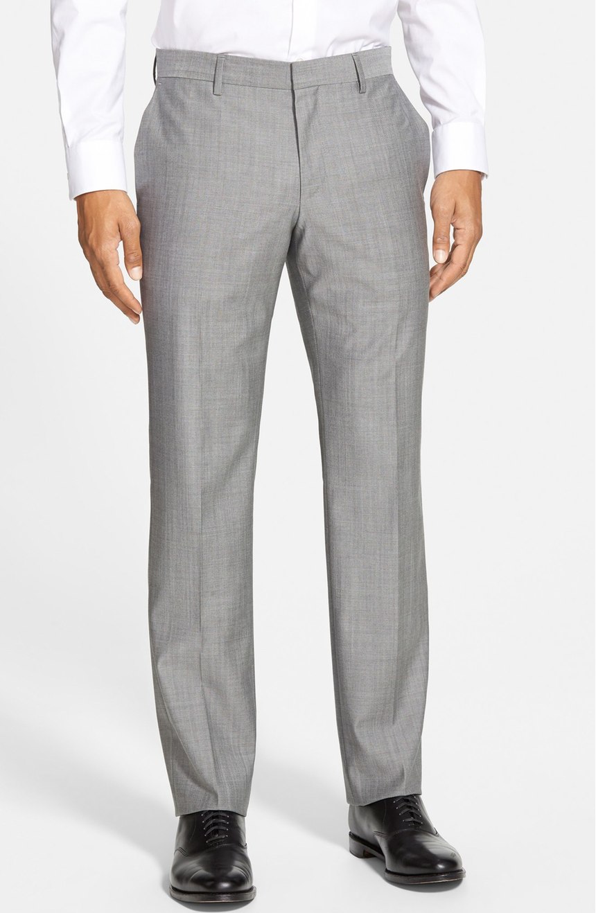 Mens 2 button suit in silk and wool blend. Pants full front view.