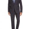 Mens 2 button solid navy wool suit full front view.