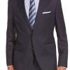 Mens 2 button solid navy wool suit jacket full front view.