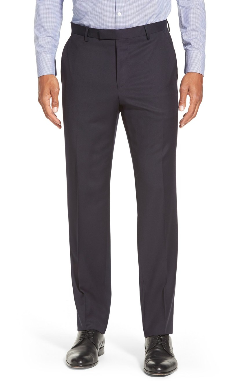 Mens 2 button solid navy wool suit pants full front view.