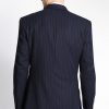Navy blue pinstripe three-piece suit jacket back view.