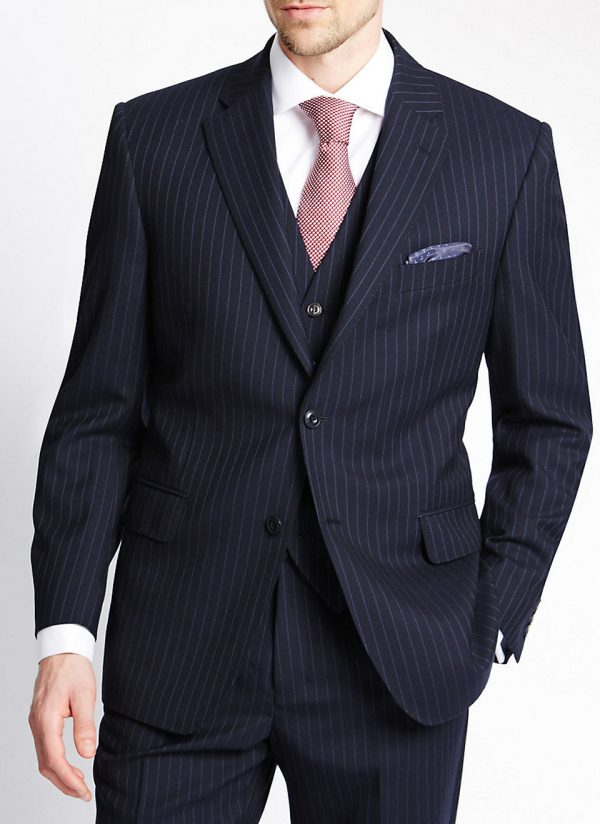Navy blue pinstripe three-piece suit jacket front view.