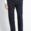 Navy blue pinstripe three-piece suit pants front view.