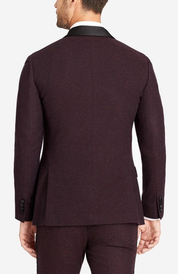 Mens Burgundy Flannel Tuxedo For Business Players Free try on tuxedo