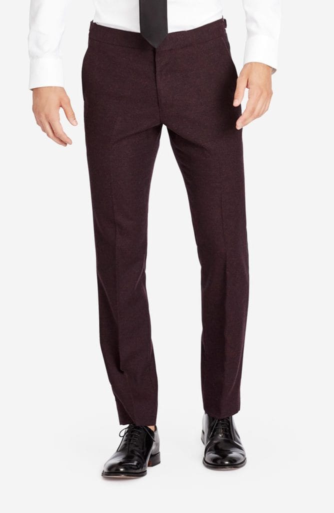 Mens Burgundy Flannel Tuxedo For Business Players Free try on tuxedo