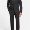 Mens black suit in tropical wool, a full front view.