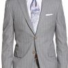 Mens gray pinstripe jacket with white stripes and notch lapels. Jacket's front view.