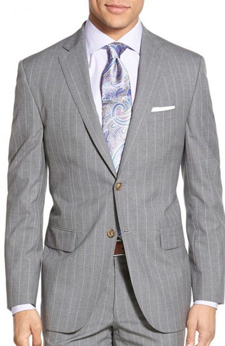 Mens gray pinstripe jacket with white stripes and notch lapels. Jacket