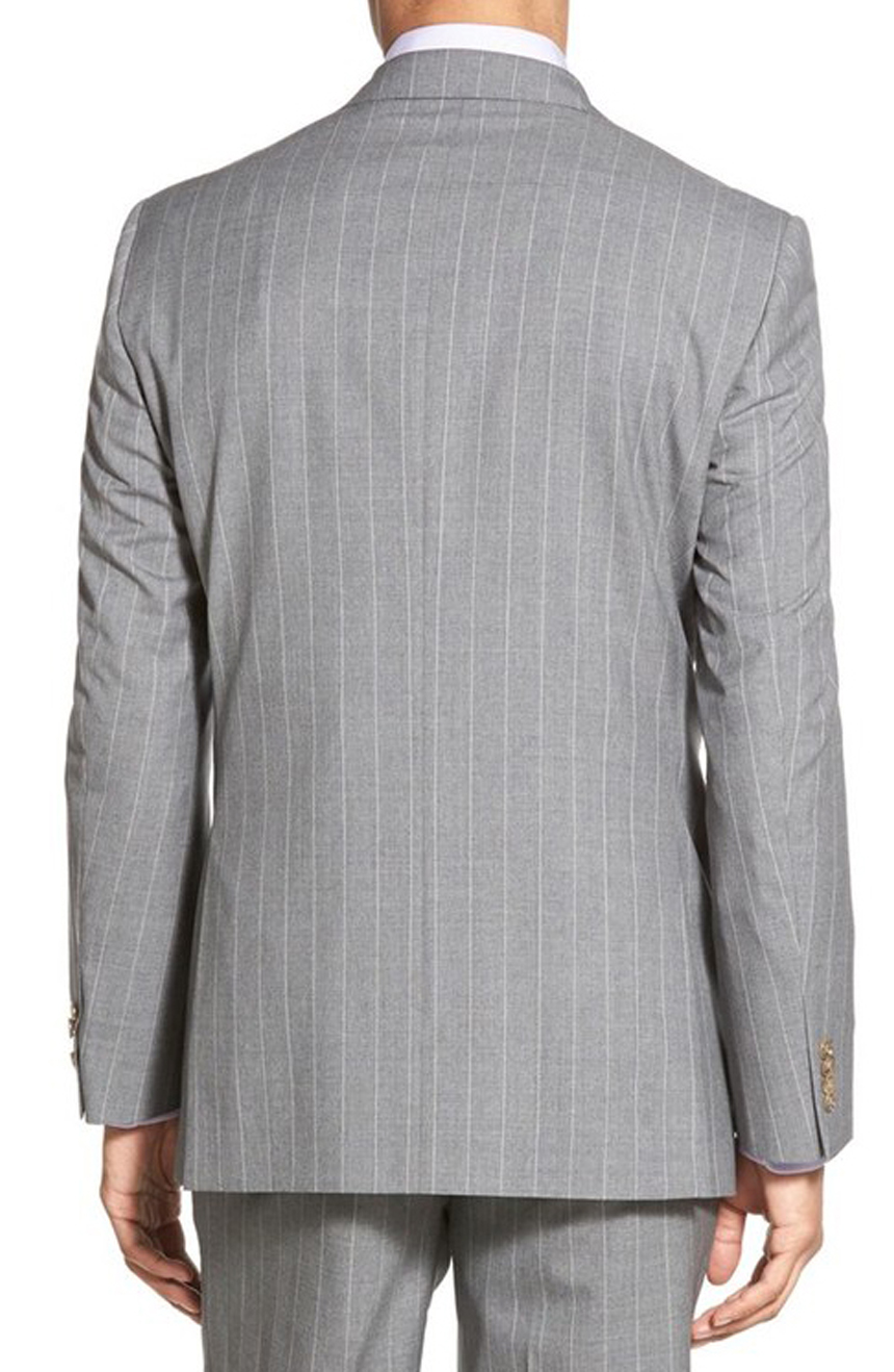 Mens gray pinstripe jacket with white stripes and notch lapels. Jacket's back view.