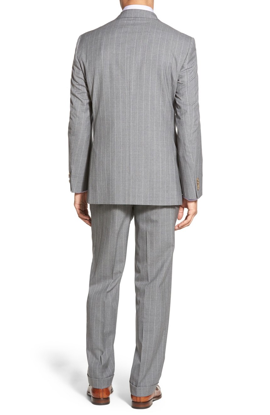 Gray pinstripe suit full back view.