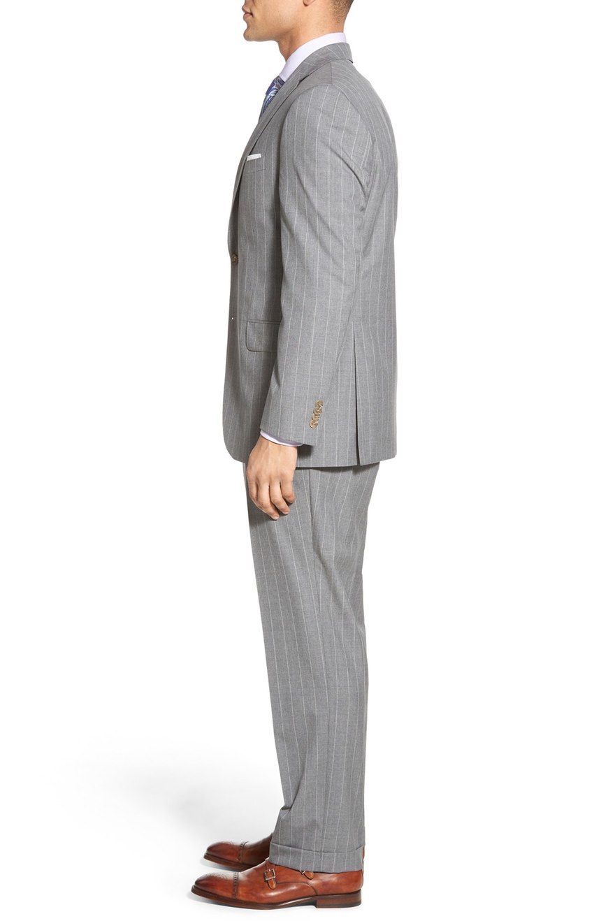 Gray pinstripe suit full side view.