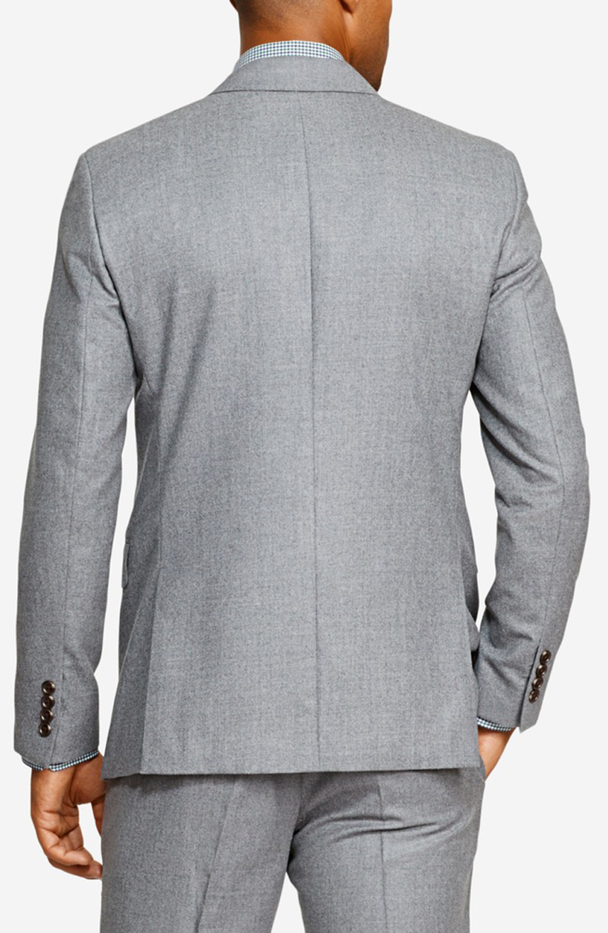 Mens grey flannel suit jacket, a close-up back view.