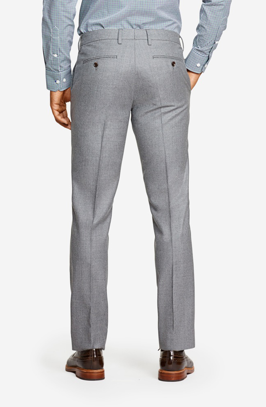 Mens grey flannel suit pants, a full back view.
