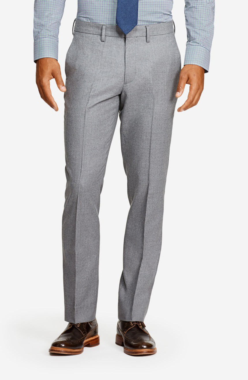 Mens grey flannel suit pants, a full front view.