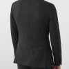 Mens double-breasted suit jacket full back view.