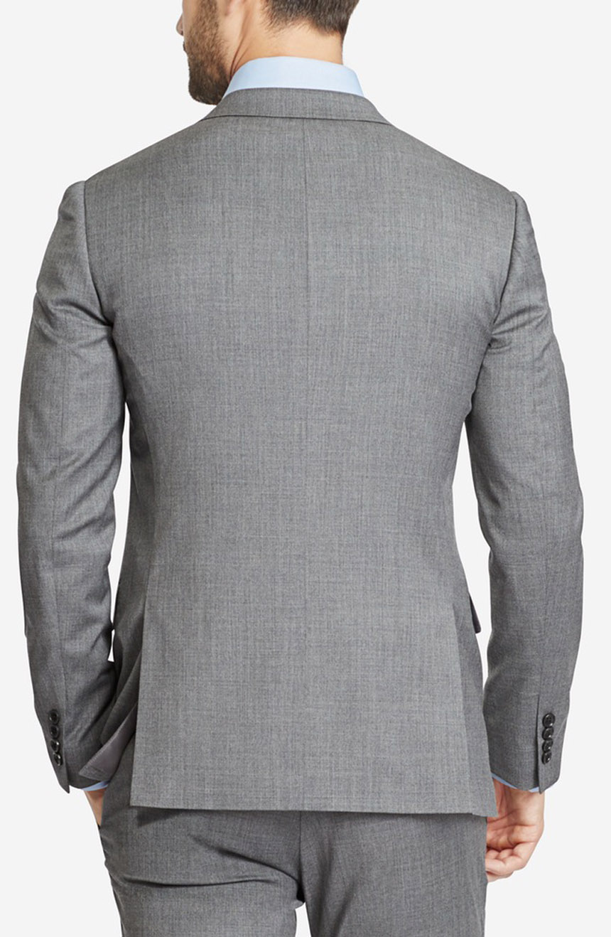 Grey tropical wool suit jacket full back view.