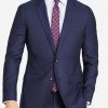 Mens navy chalk stripe wool suit jacket full front view.