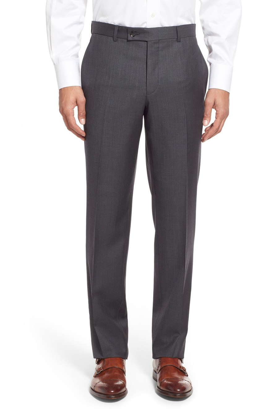 Mens merino wool & cashmere blend suit pants full front view.