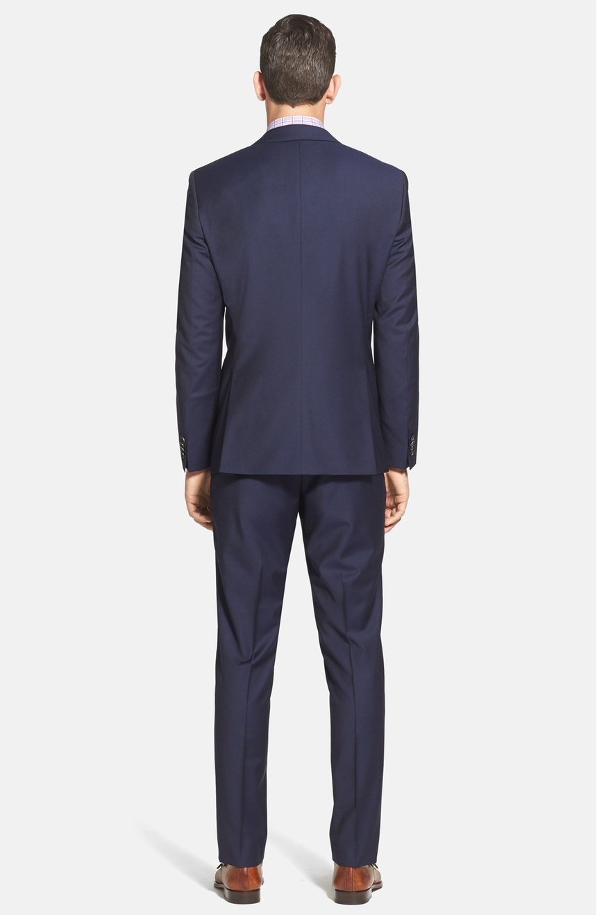 Mens mohair wool suit in navy. Full back view.