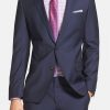 Mens mohair wool suit in navy. Jacket full front view.