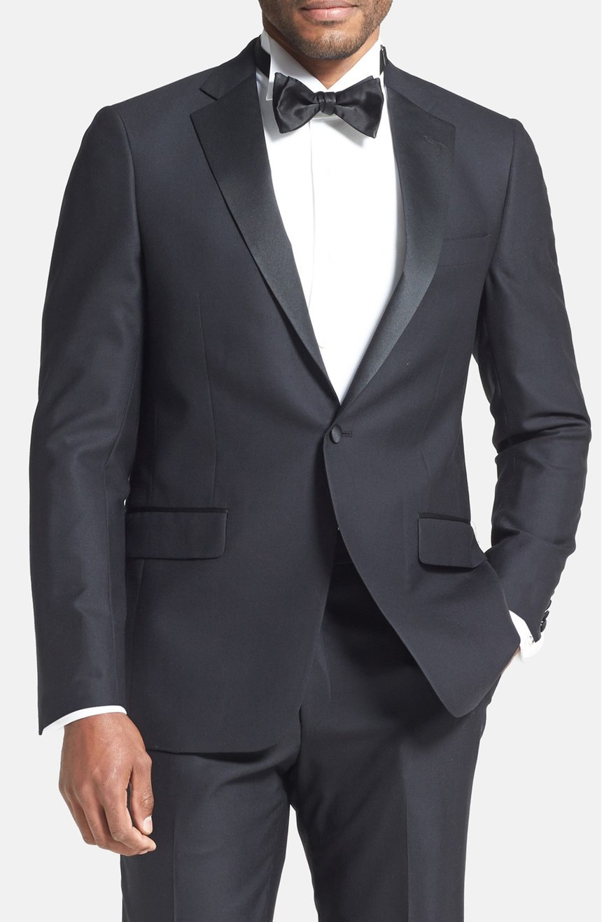 Single-breasted one-button notch lapel custom-made tuxedo. Jacket full front view.