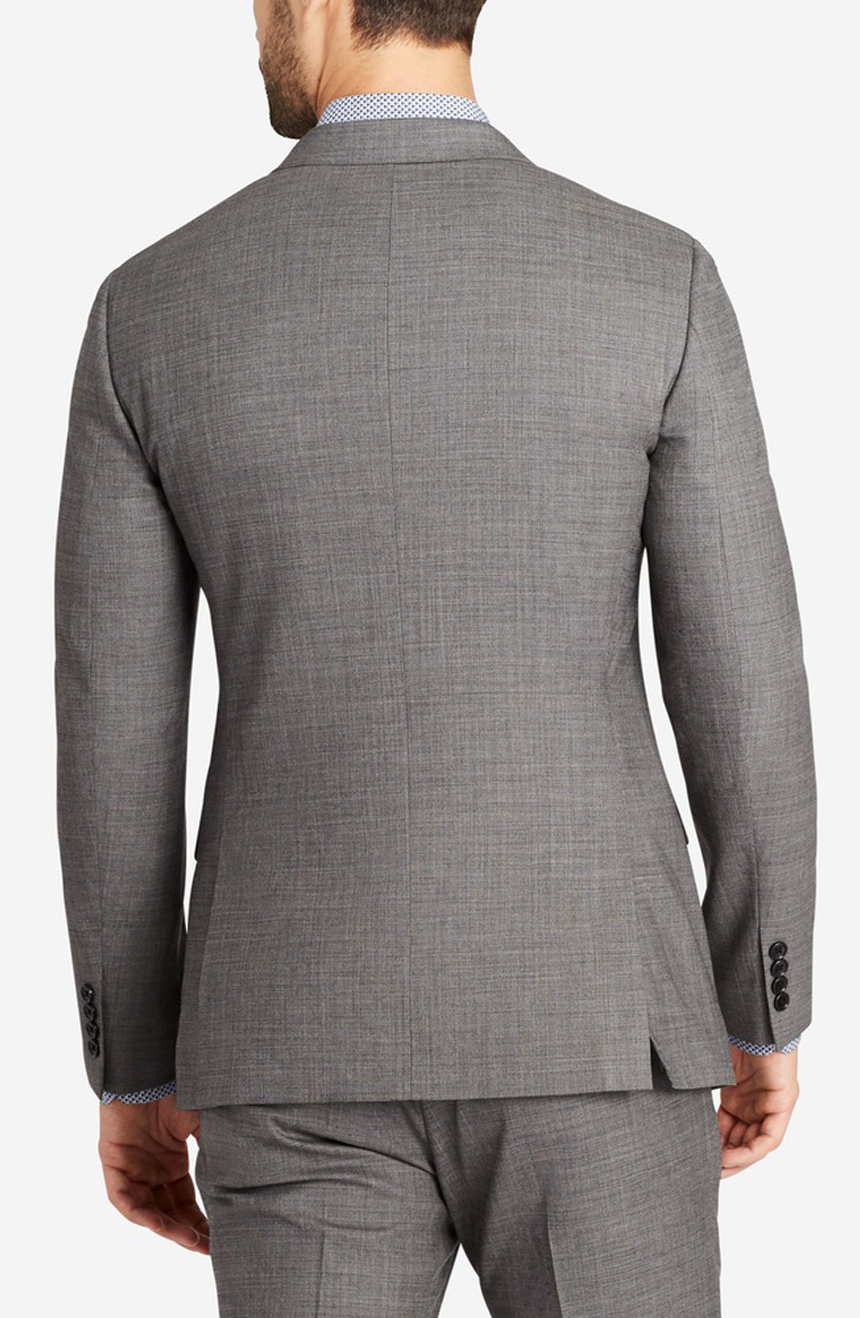 Mens pure new wool suit in light grey. Jacket full back view.