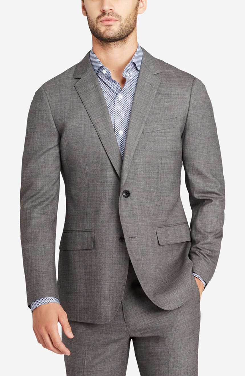 Mens pure new wool suit in light grey. Jacket full front view.