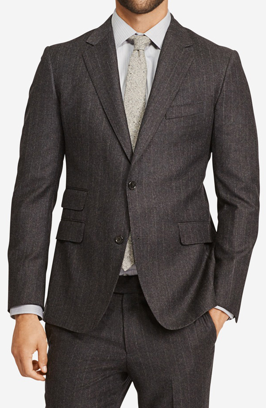 Mens three-season suit jacket in chalk stripes, full front view.