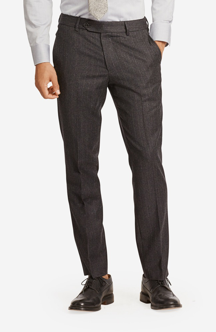 Mens three-season suit pants in chalk stripes, full front view.
