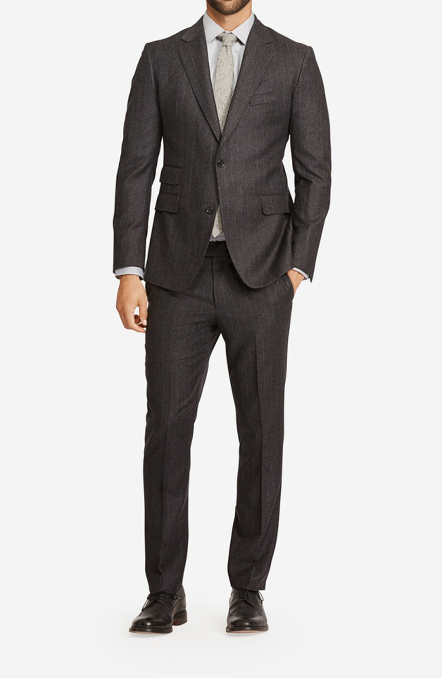Mens three-season suit in chalk stripes, full front view.
