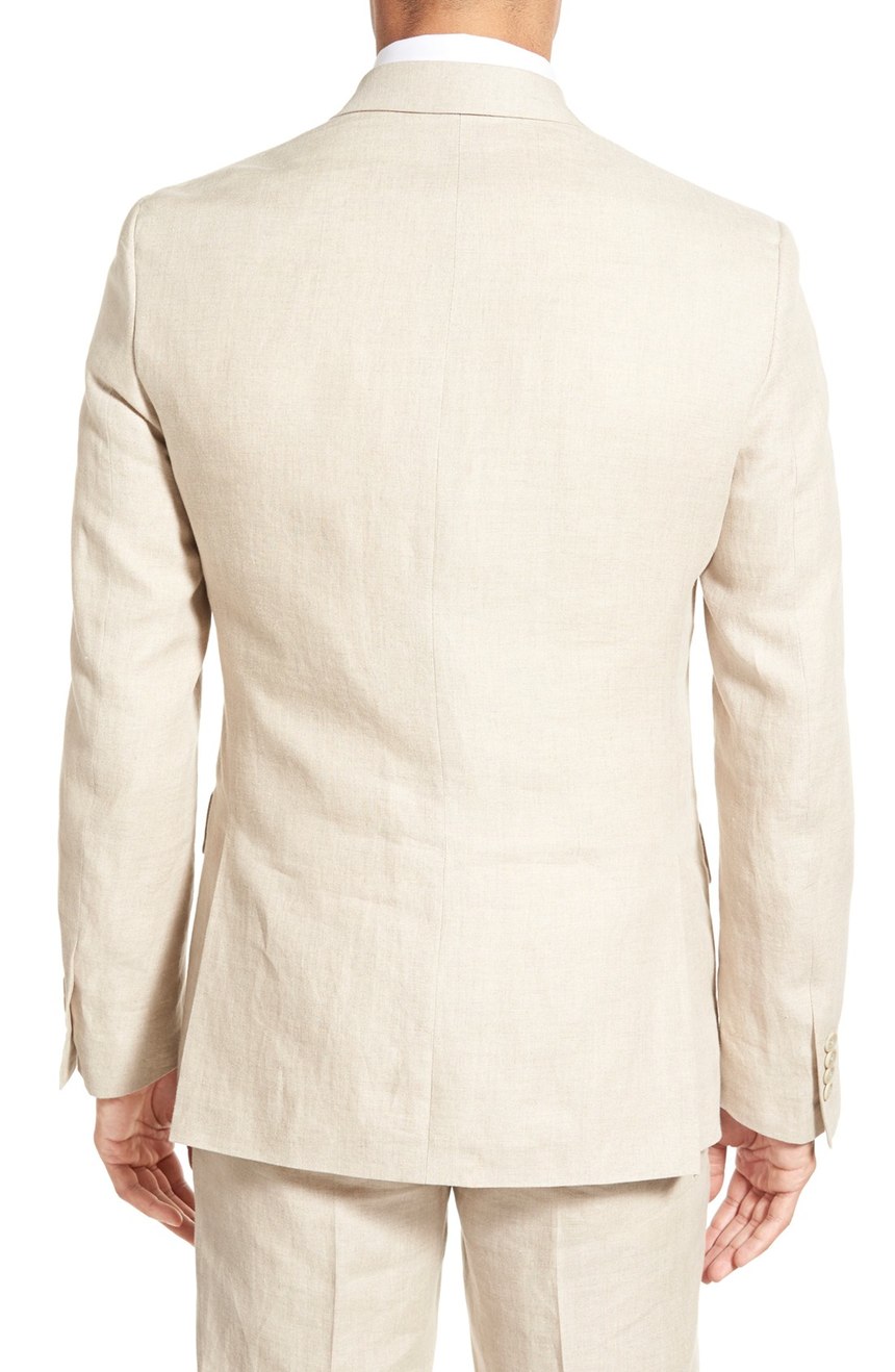 Wedding party linen suit jacket full back view.