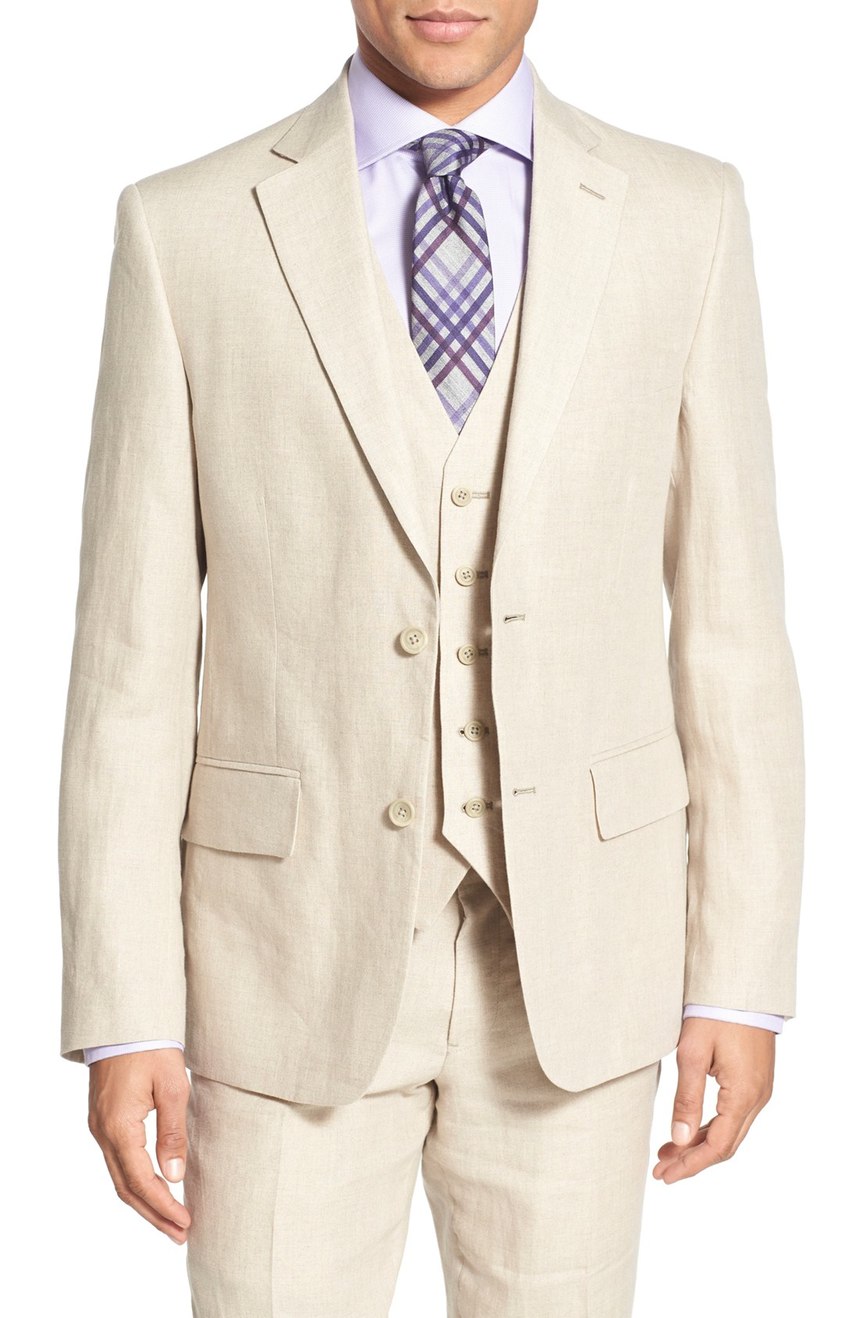 Wedding party linen suit jacket full front view.