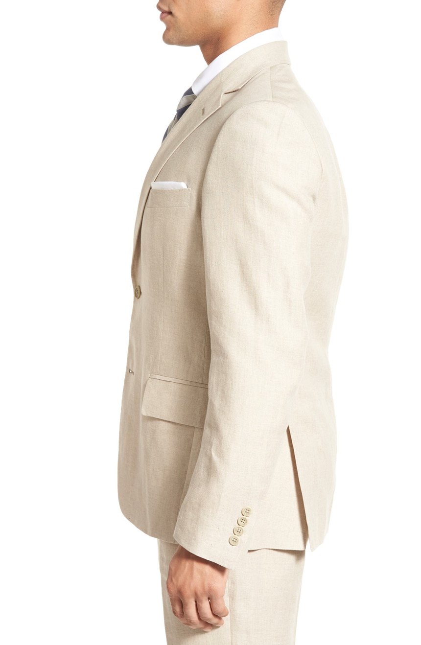 Wedding party linen suit jacket full side view.