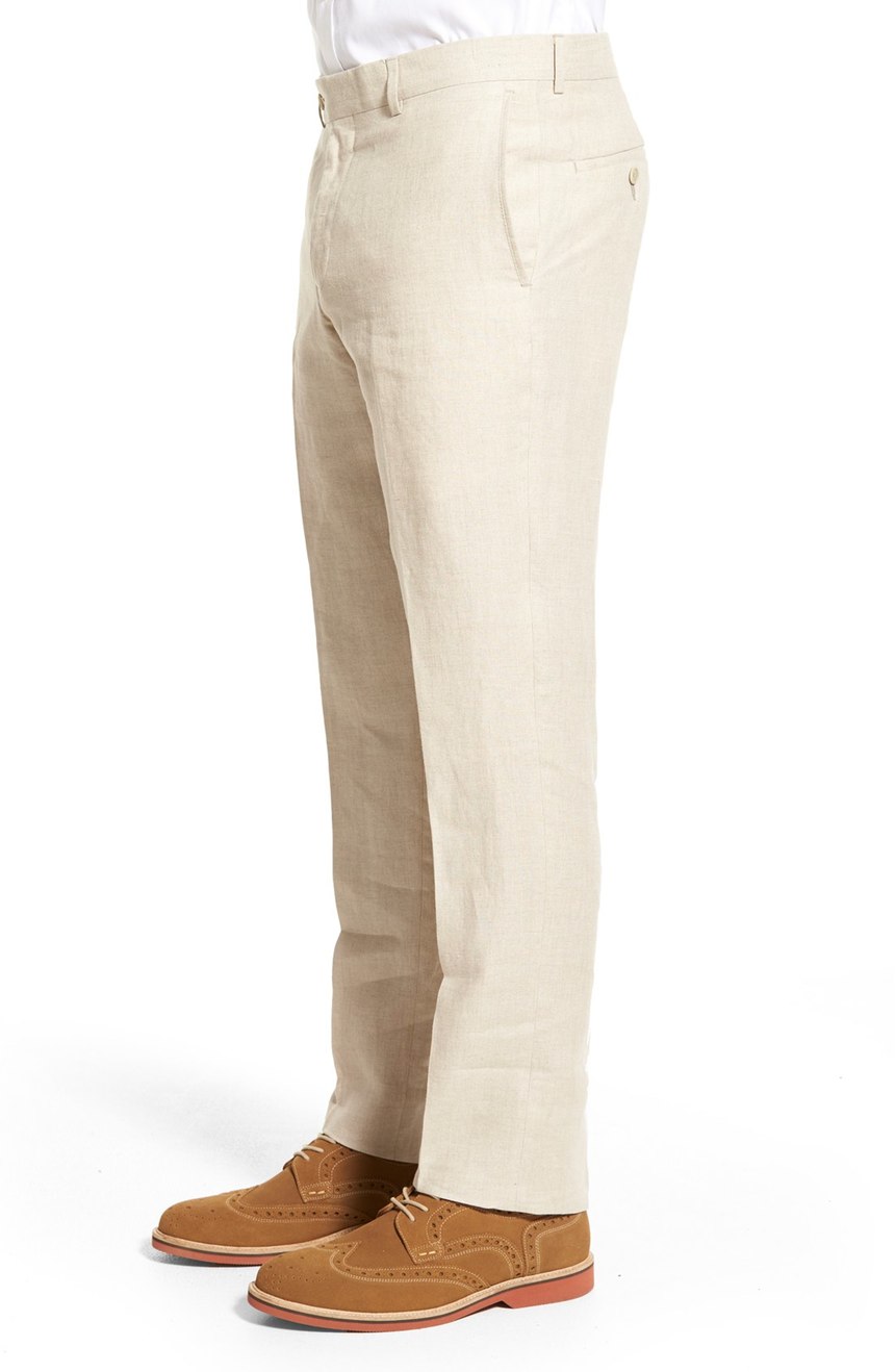 Wedding party linen suit pants full side view.