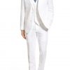 All white linen suit for men 3 pieces. Full front view.