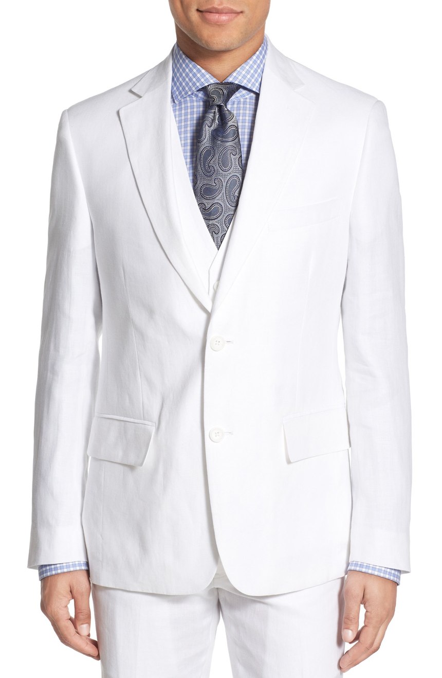 All white linen suit jacket full front view.