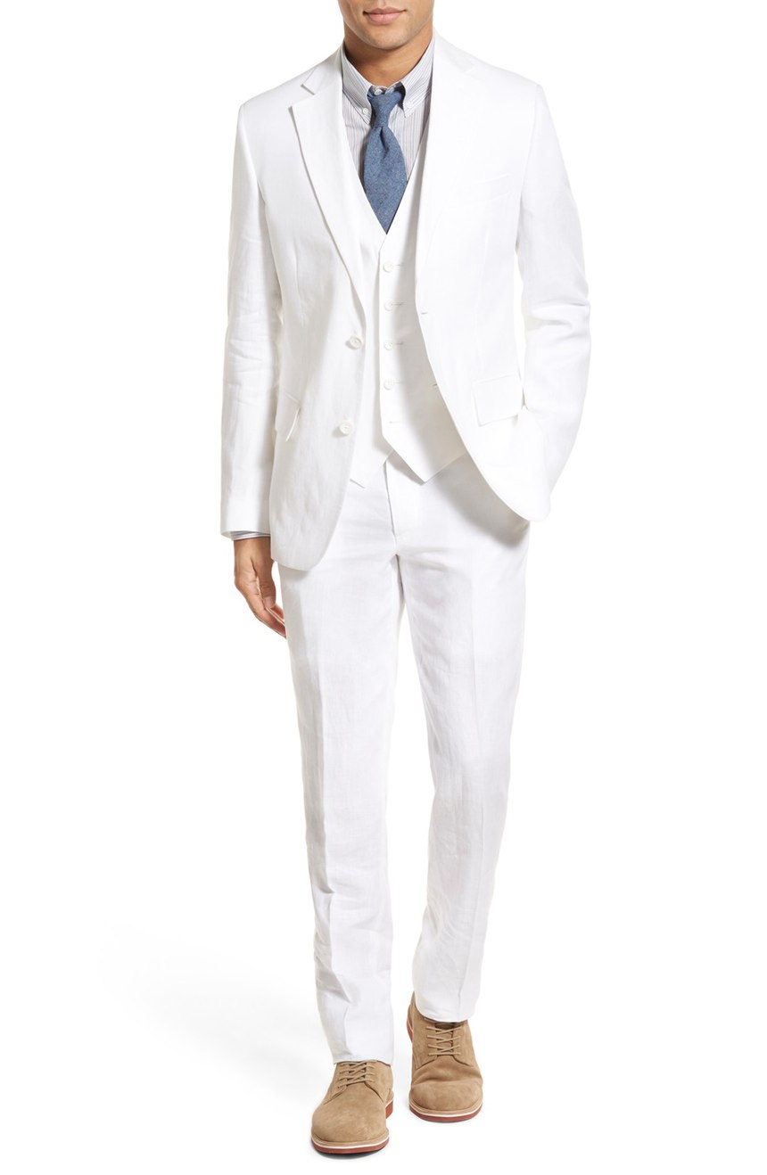 All white linen suit for men 3 pieces. Full front view.