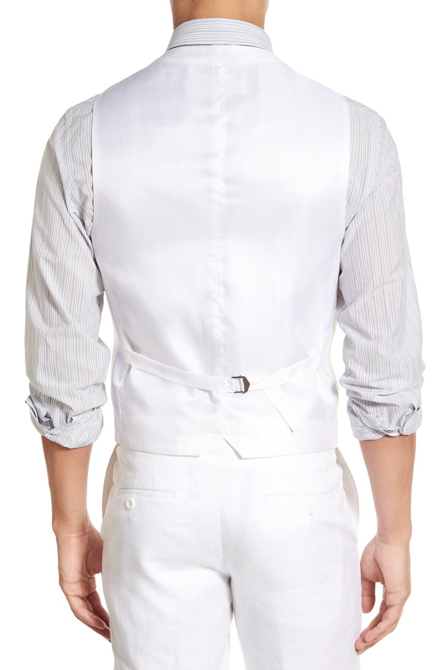 All white linen vest for men, full back view.