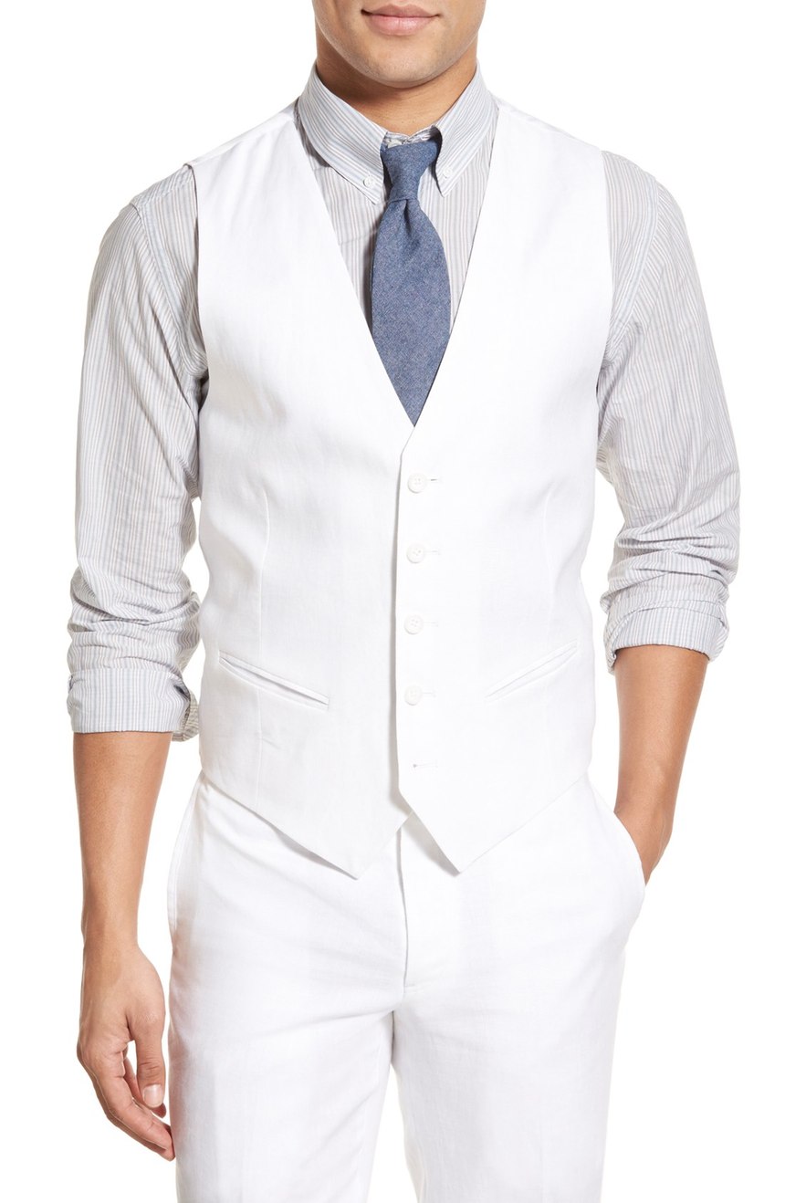 All white linen vest for men, full front view.