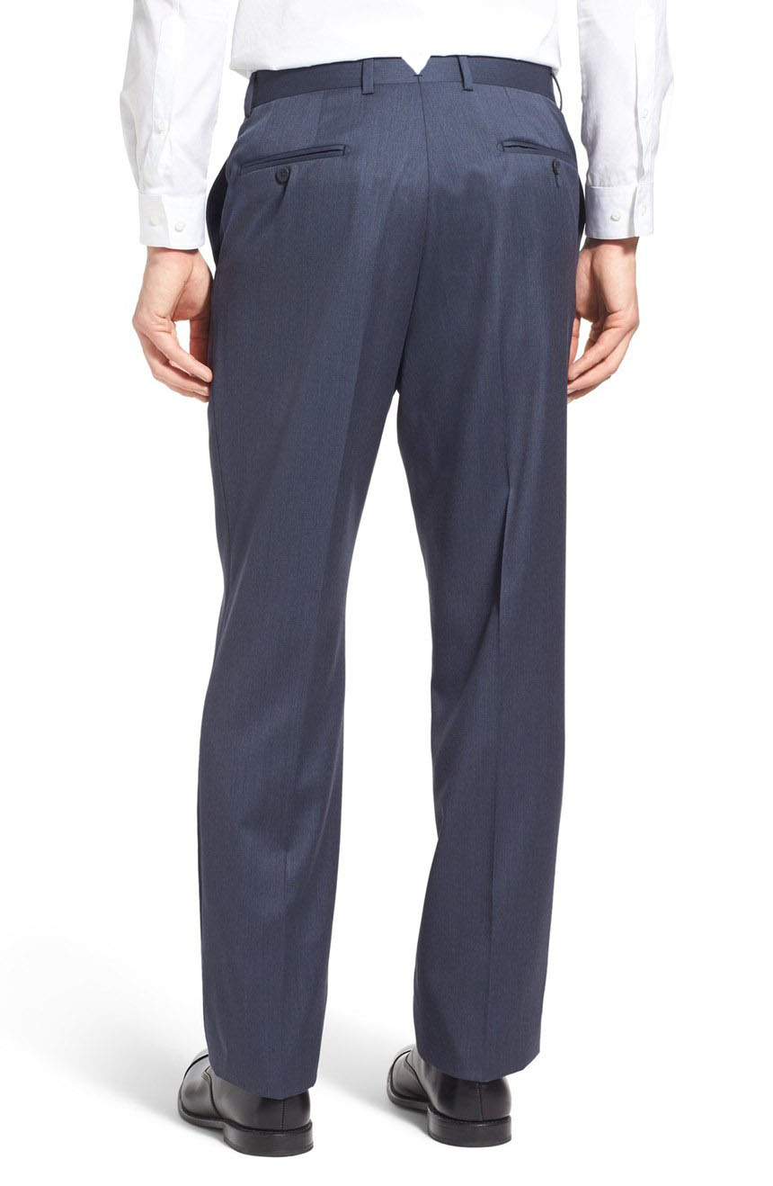 All season wool dress pants for men in flat-front styling full back view