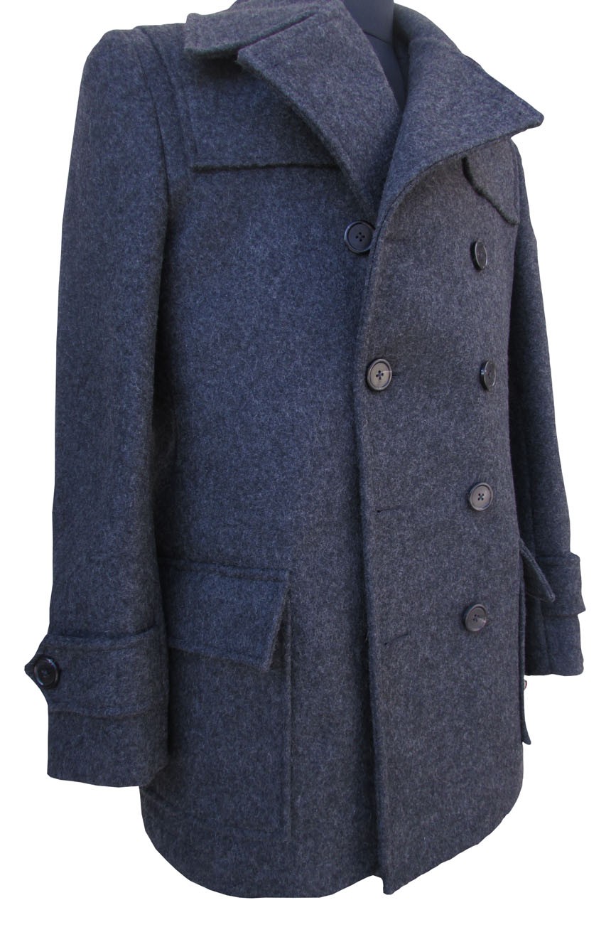 men's double breasted long peacoat full side view