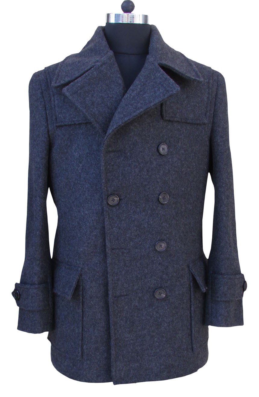 men's double breasted long peacoat, a full front view.