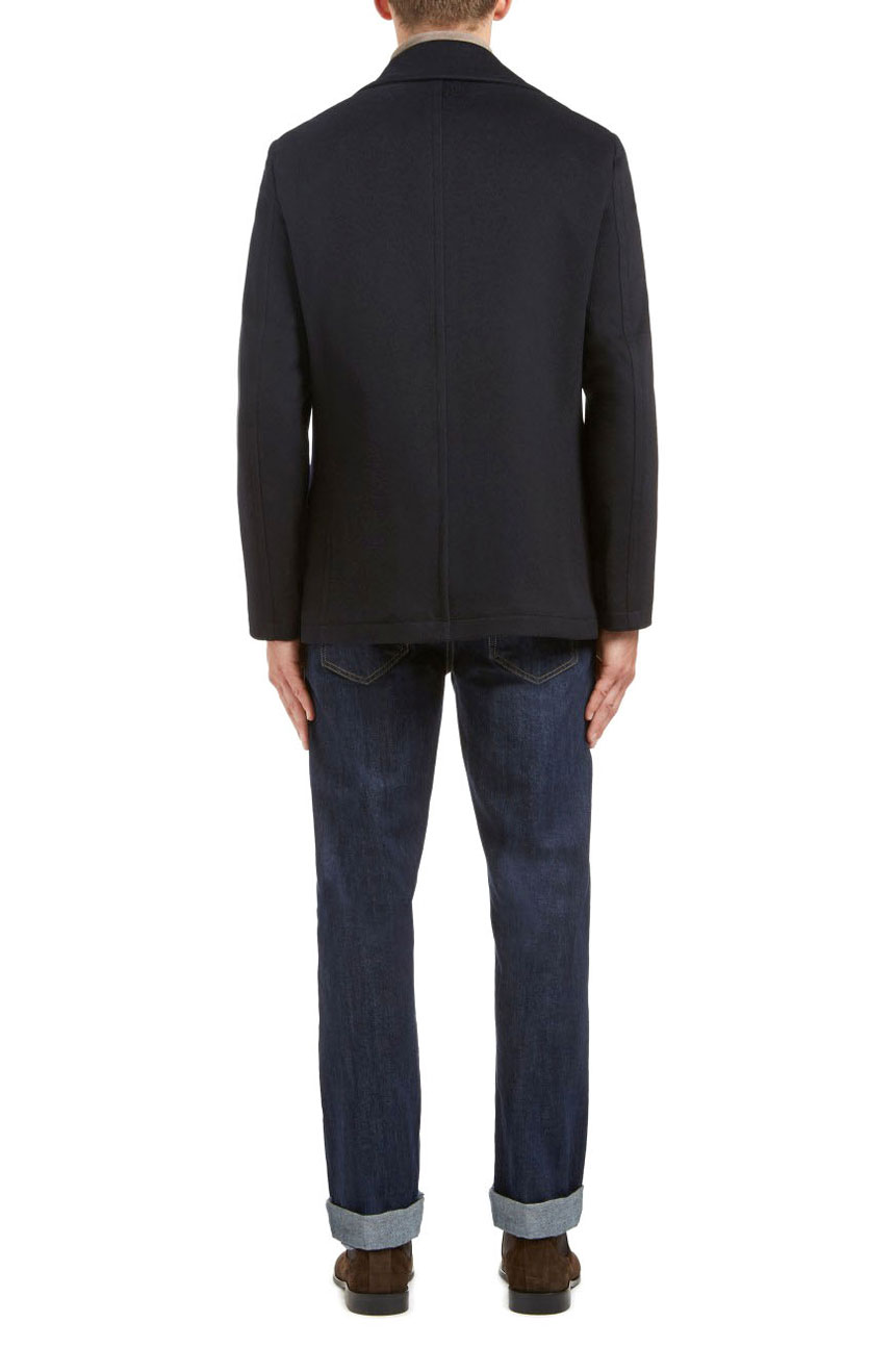Men's navy blue peacoat slim fit in a double-breasted style, a full back view.