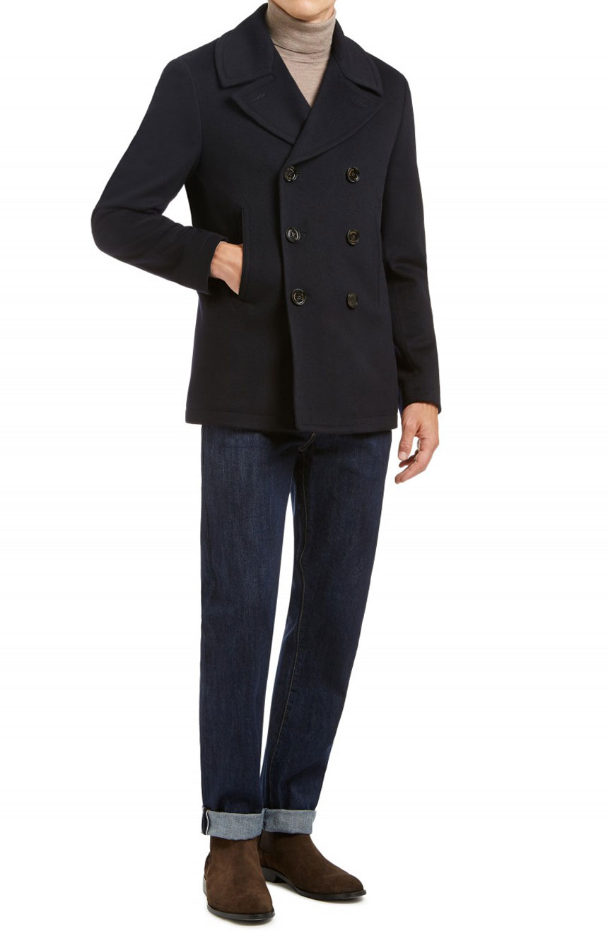 Men's navy blue peacoat slim fit in a double-breasted style.