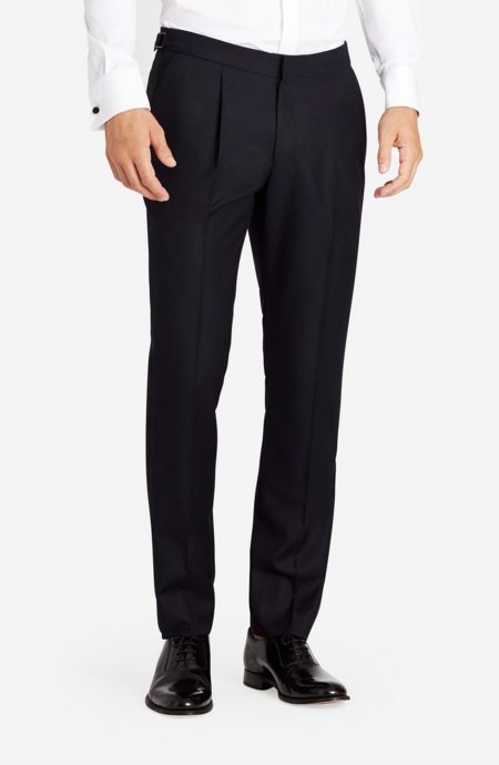 Mens navy dress pants with pleated front for comfort.