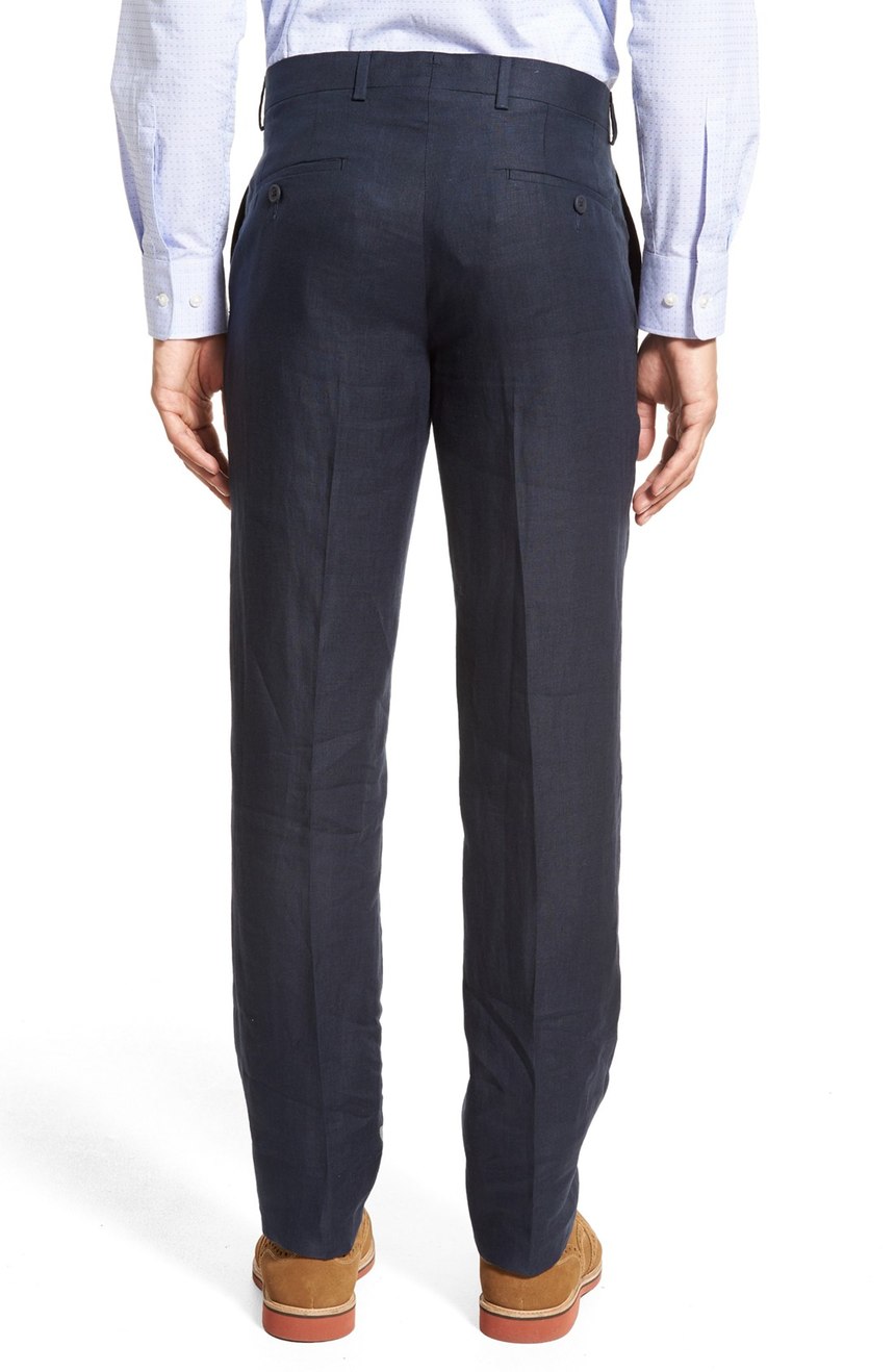Men's tailored linen pants full back view.