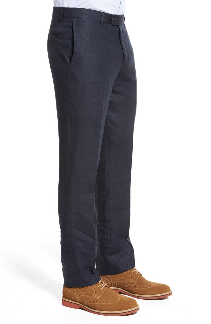 Men's tailored linen pants full side view.